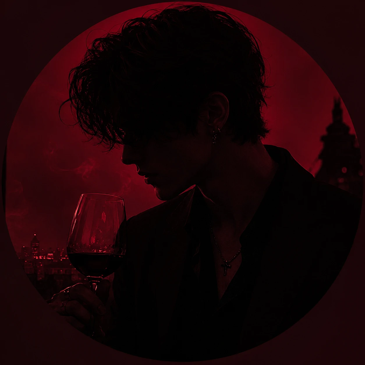 Dark red aesthetic PFP with wine-noir color grade and low-key crimson lighting