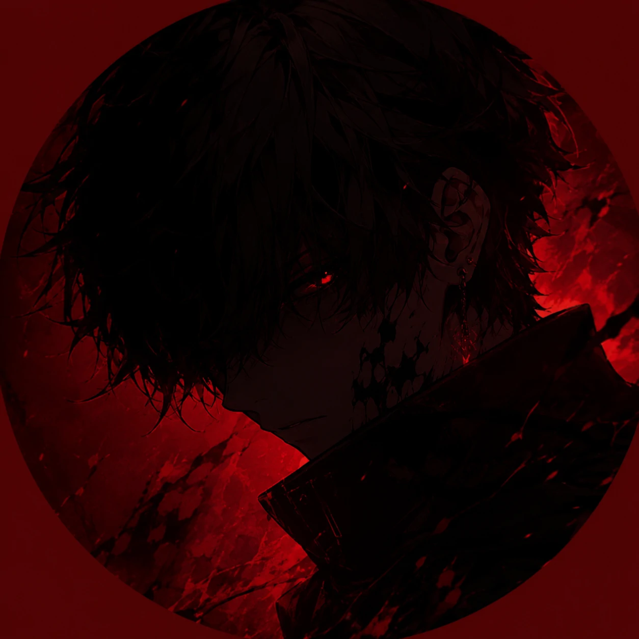 Dark red anime PFP with shadowed eyes and crimson overlay in low-key style