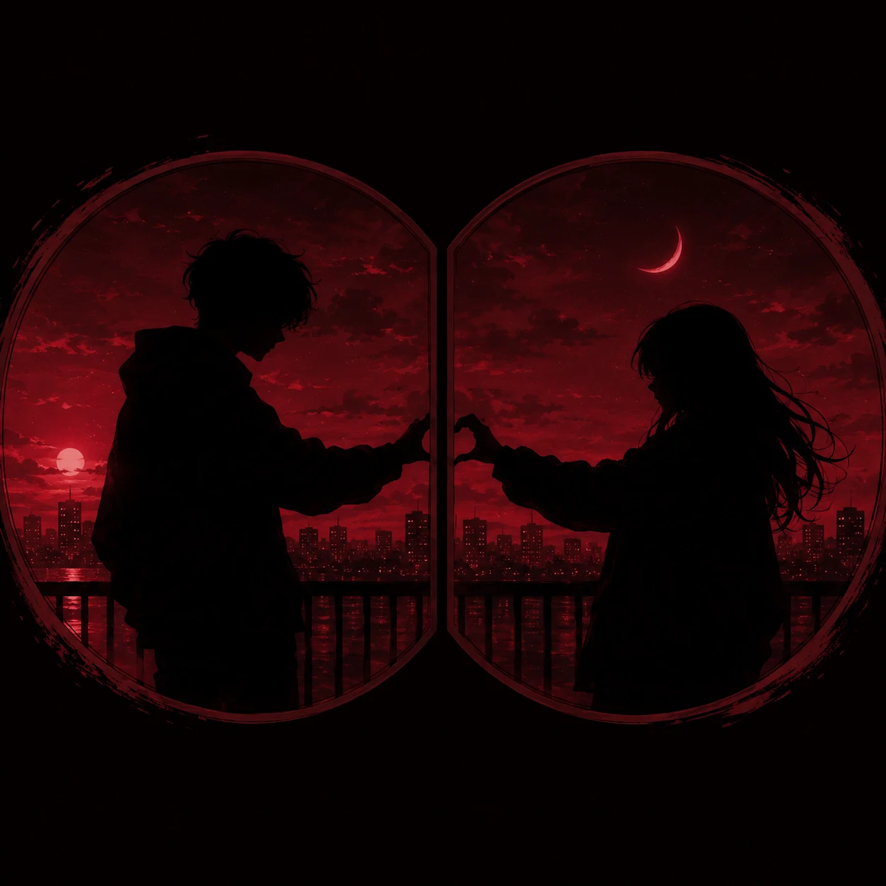 Dark red matching PFP with couple silhouette split across crimson shadow frames