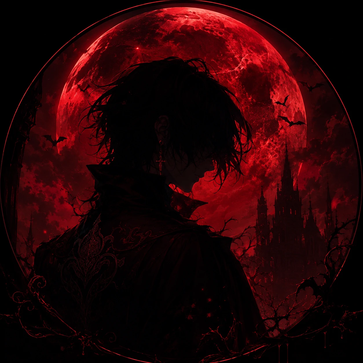 Gothic dark red PFP with blood-moon glow and shadowy crimson silhouette