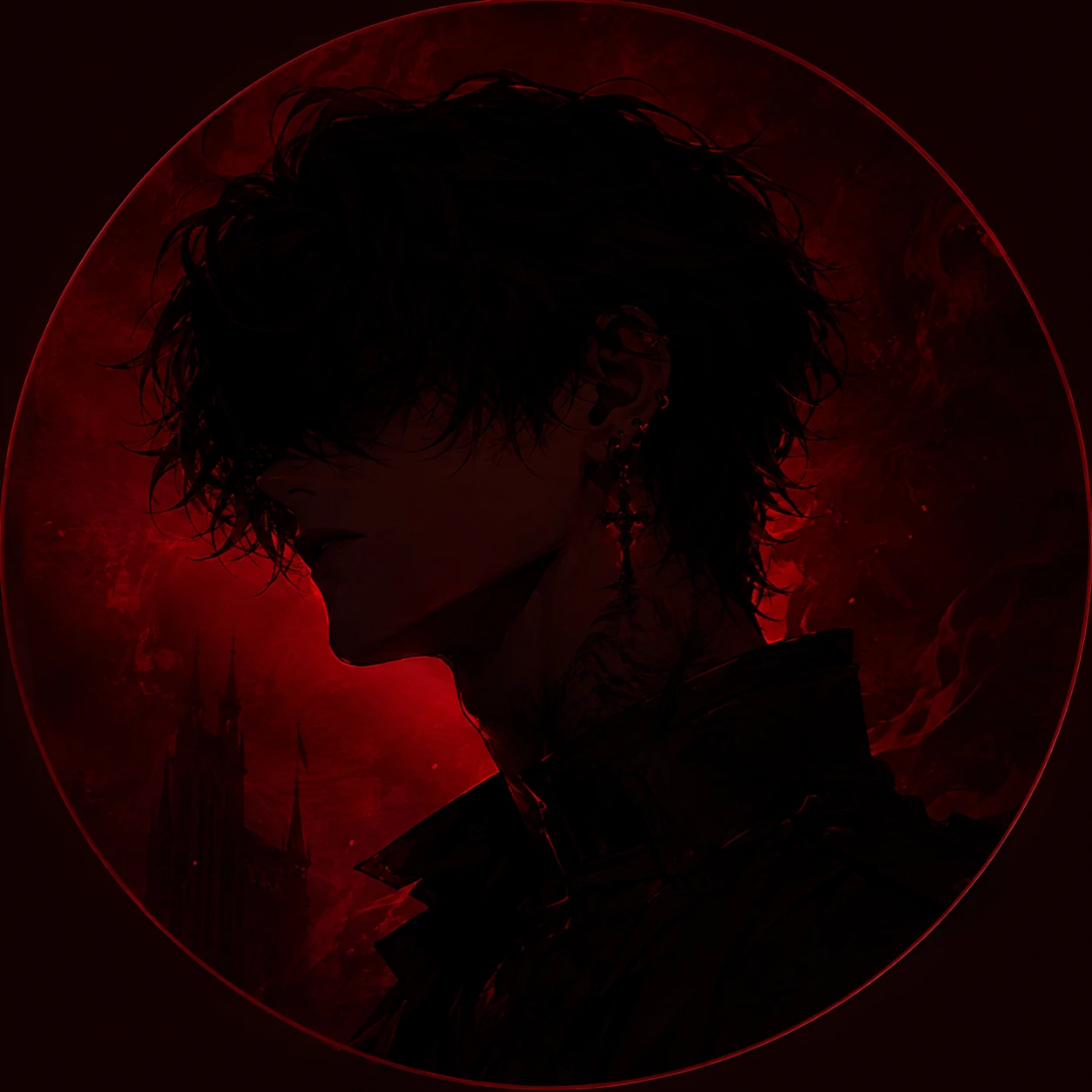 Dark red PFP featuring burgundy shadows and moody portrait silhouette lighting