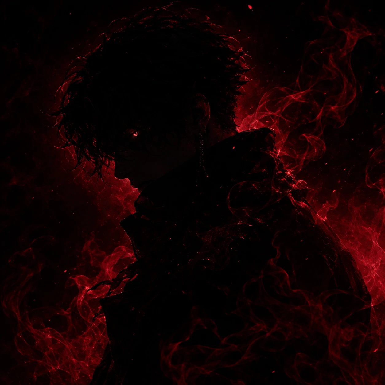 Dark red PFP with crimson smoke silhouette and atmospheric low-key lighting