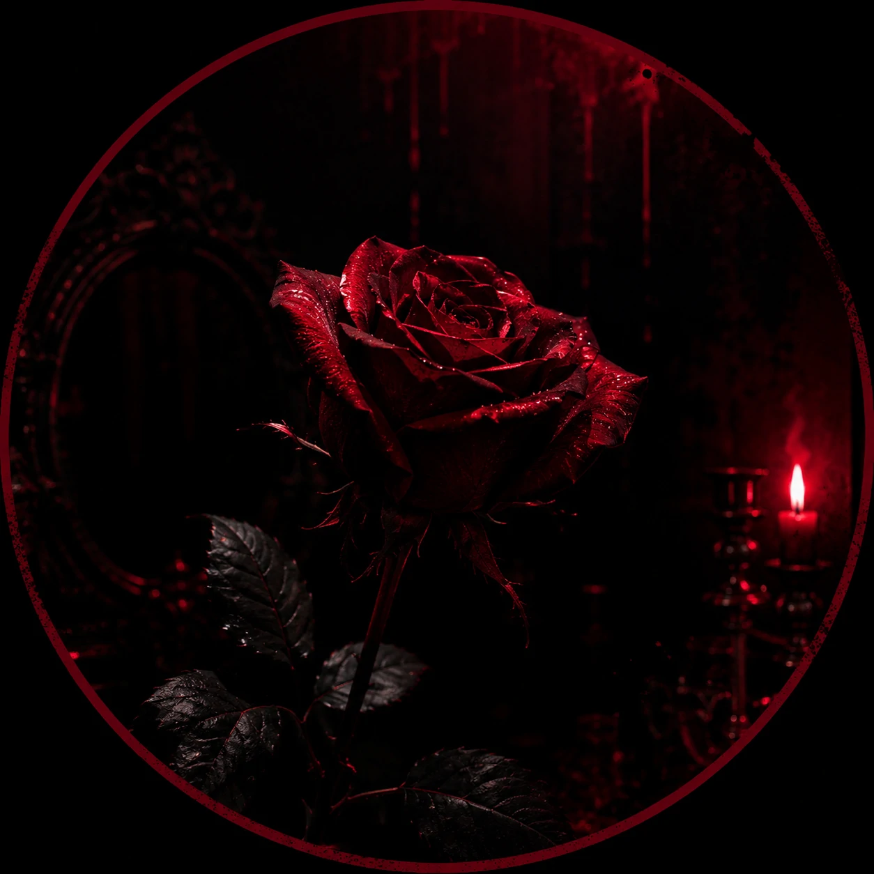 Gothic dark red PFP with crimson rose motif and noir low-light finish