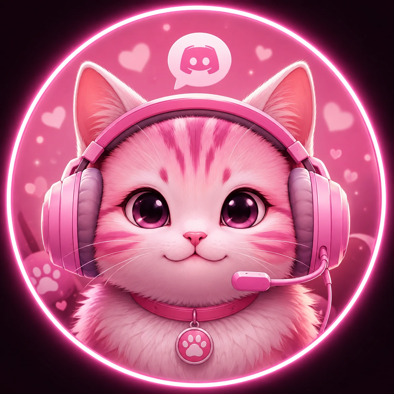 Discord pink pfp of a cat wearing a headset on rosy tones