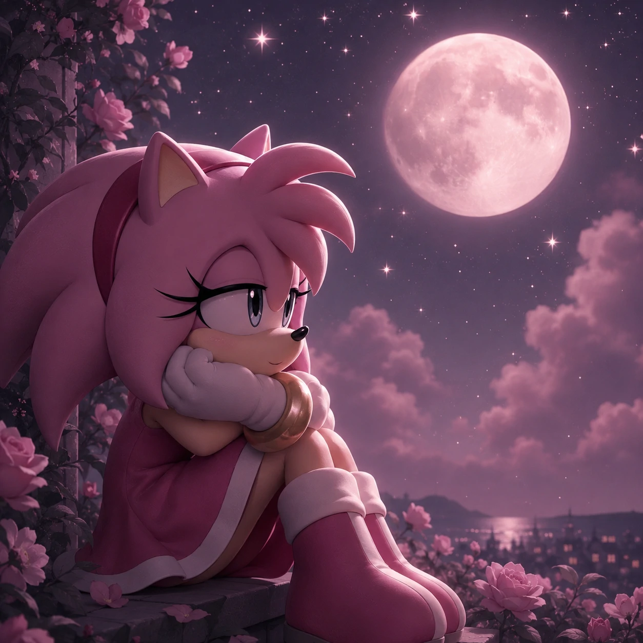 Dreamy Amy Rose PFP under soft moonlight with stars and muted pink haze