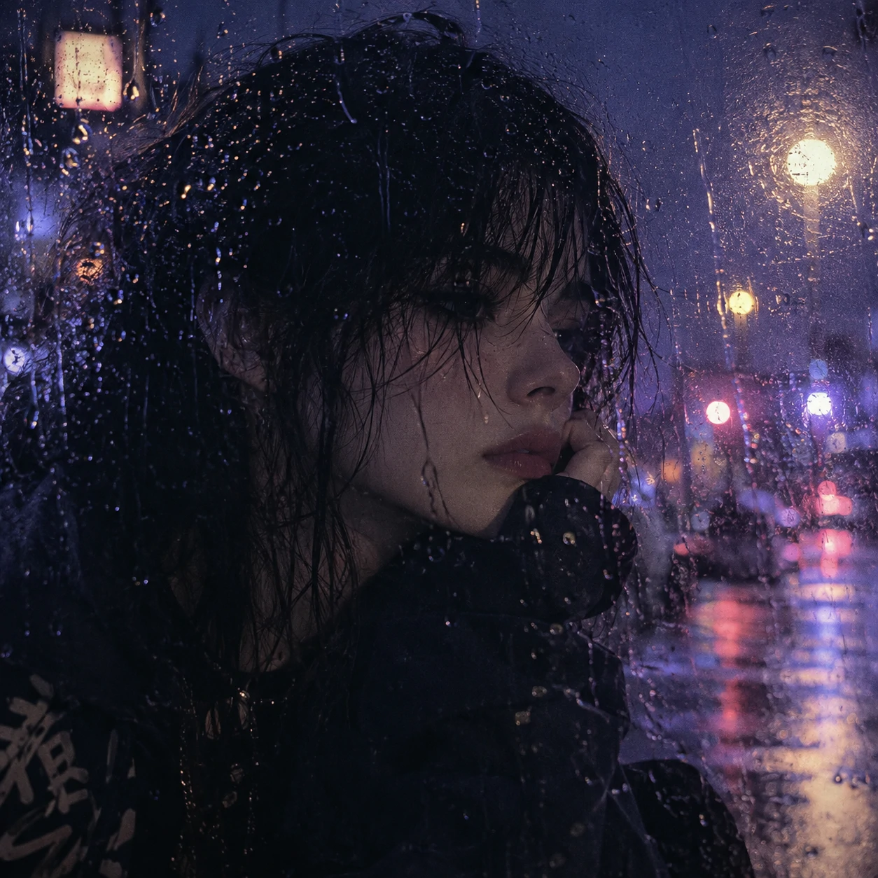 Dreamy emo aesthetic PFP shot through a rainy window with soft blurred lights