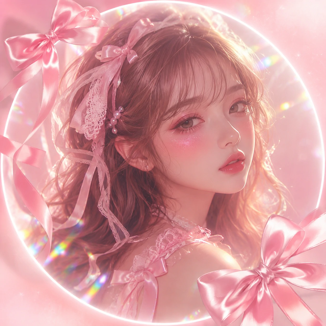 Dreamy pink coquette PFP with soft halo lighting and satin ribbons.