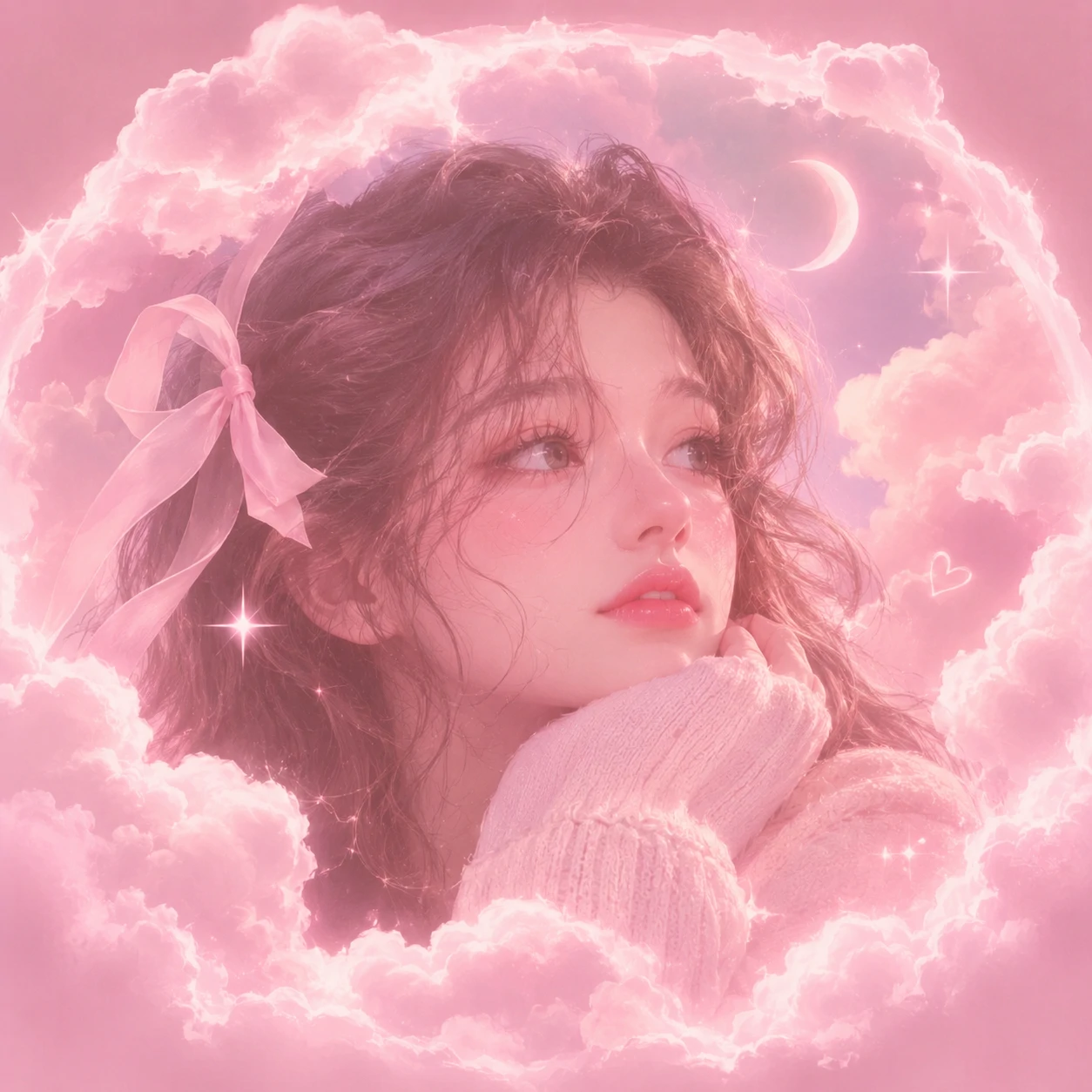Dreamy pink pfp framed by soft clouds and pale rose highlights
