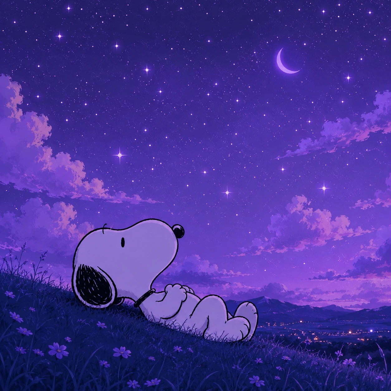 Dreamy Snoopy profile picture lying under a lavender starry night sky
