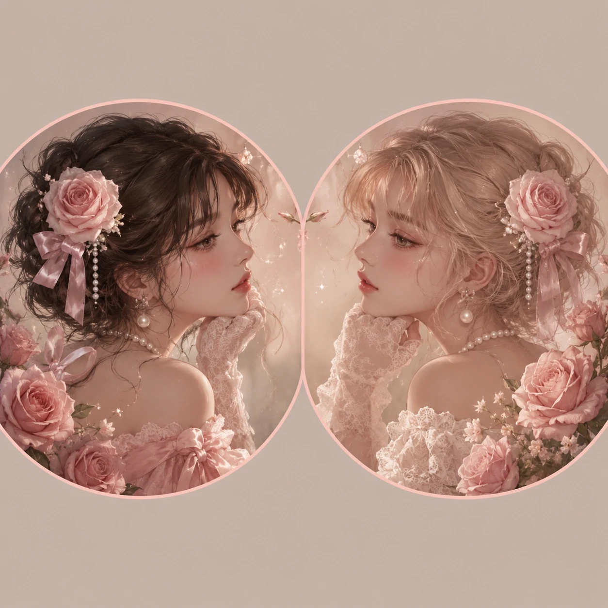 Duo coquette PFP with matching pink roses and pearl drop accents.