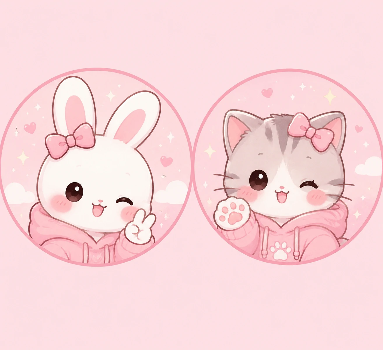 Duo pink pfp with bunny and cat characters in coordinating pastel tones