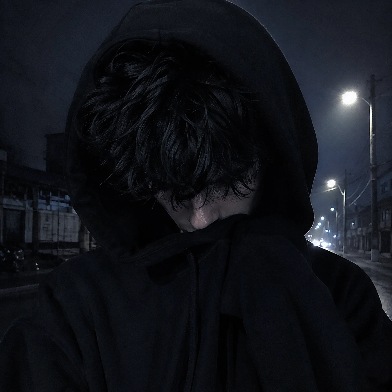 Emo aesthetic PFP featuring a person in a black hoodie with faded street lighting behind them