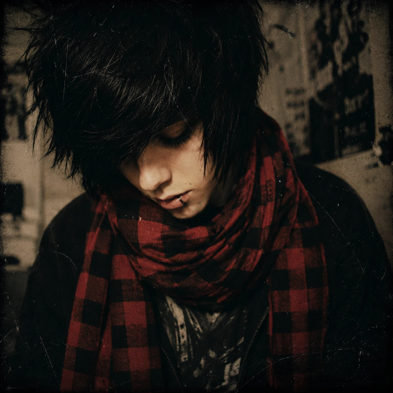 Vintage-styled emo aesthetic PFP with a red and black checkered scarf and lowered gaze