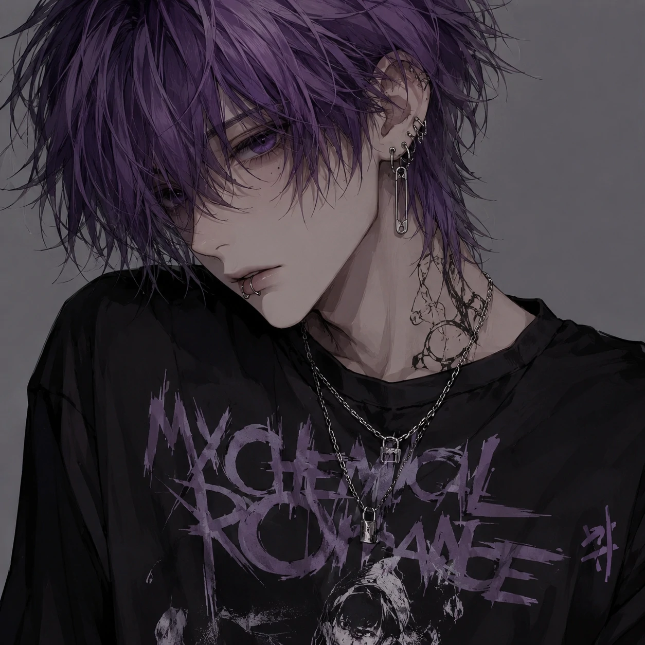 Emo anime boy PFP with soft purple hair, black band t-shirt and safety pin earrings