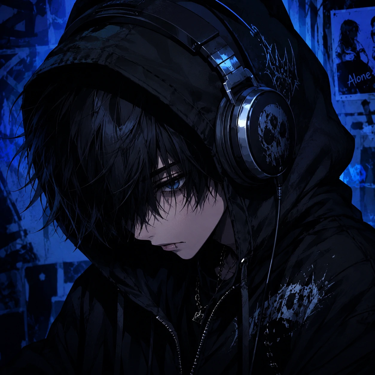 Emo anime boy PFP wearing black hoodie and oversized headphones with hair over one eye