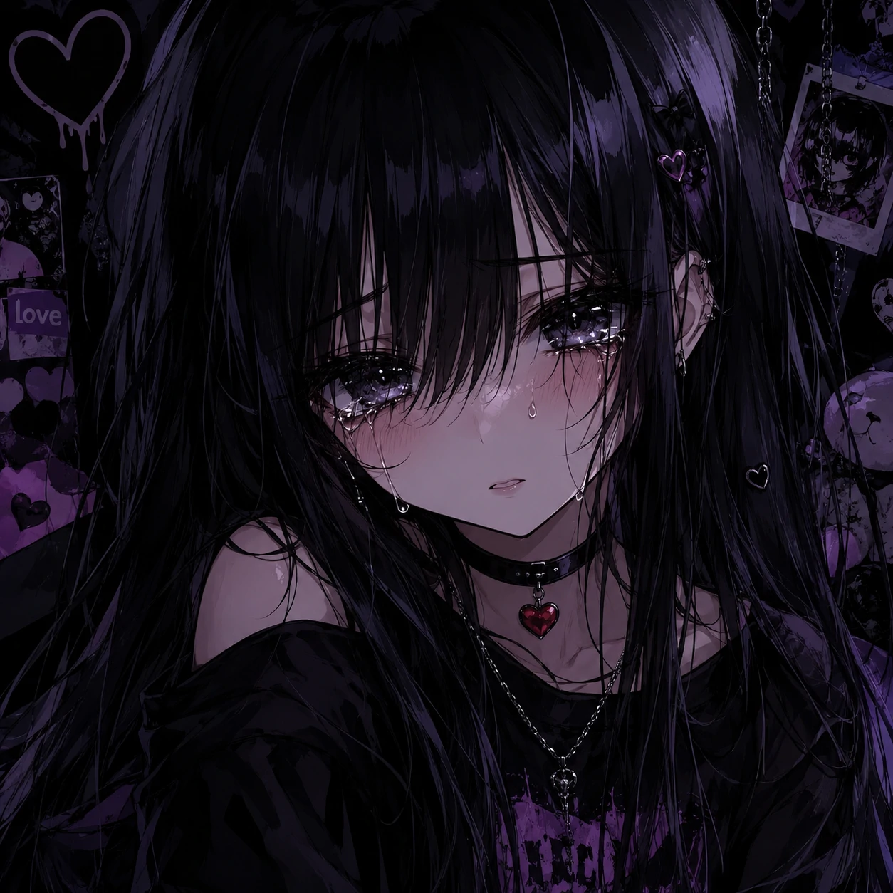 Emo anime girl PFP with long black hair, glossy teary eyes and a small heart choker