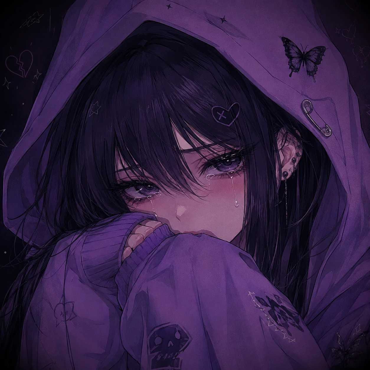 Emo anime girl PFP wearing a purple hoodie with small tear drops on her cheeks