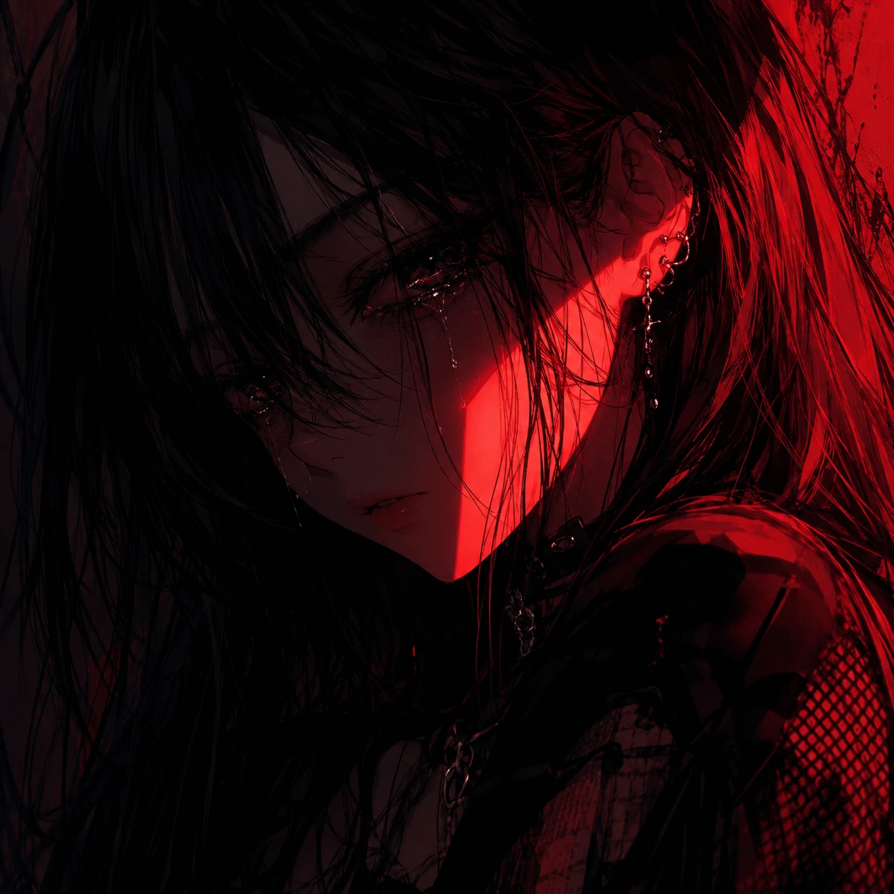 Emo anime girl PFP lit by a sudden red flash with deep shadows around her face