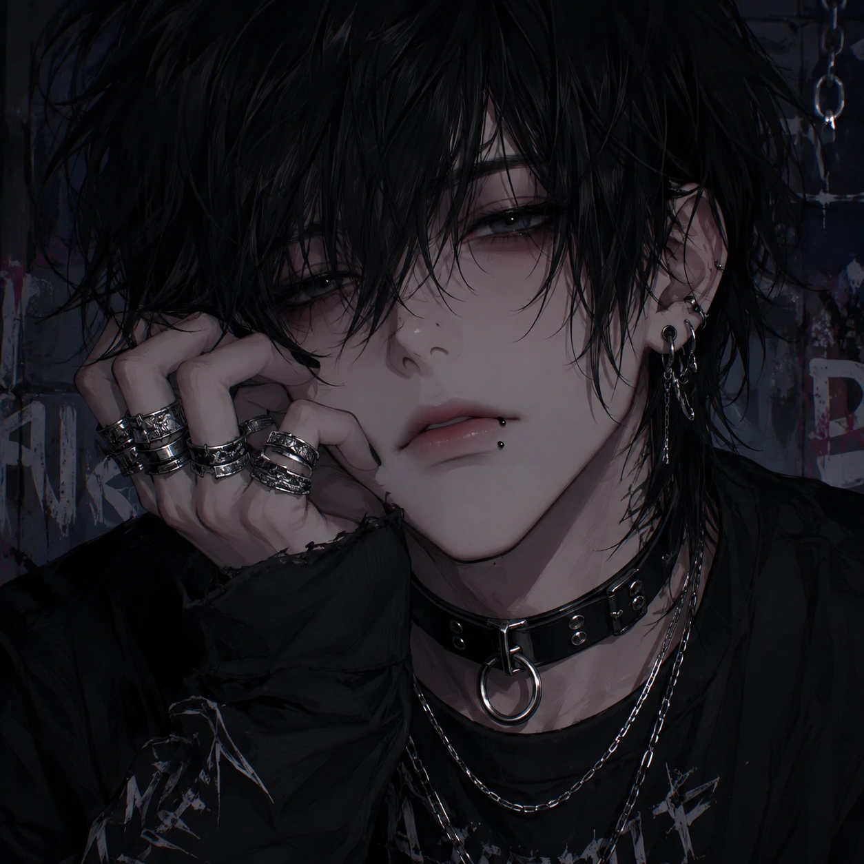 Emo anime boy PFP with a black choker, silver rings on his fingers and a tired expression