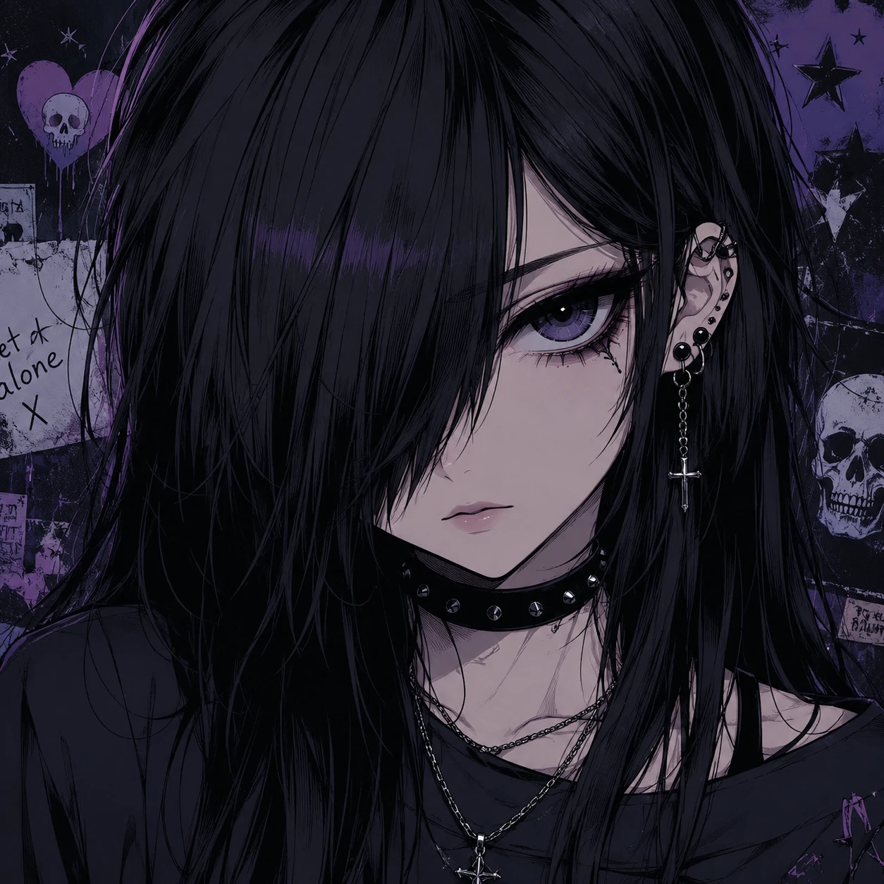 Emo anime girl PFP with side fringe covering one eye and dark eyeliner