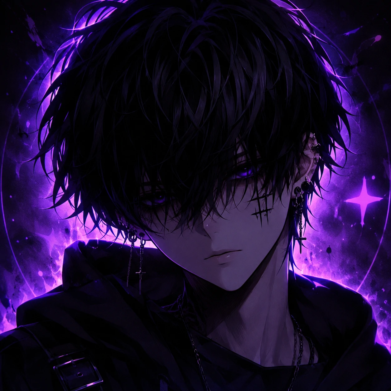 Emo anime Discord PFP with black hair and a soft purple glow behind the character