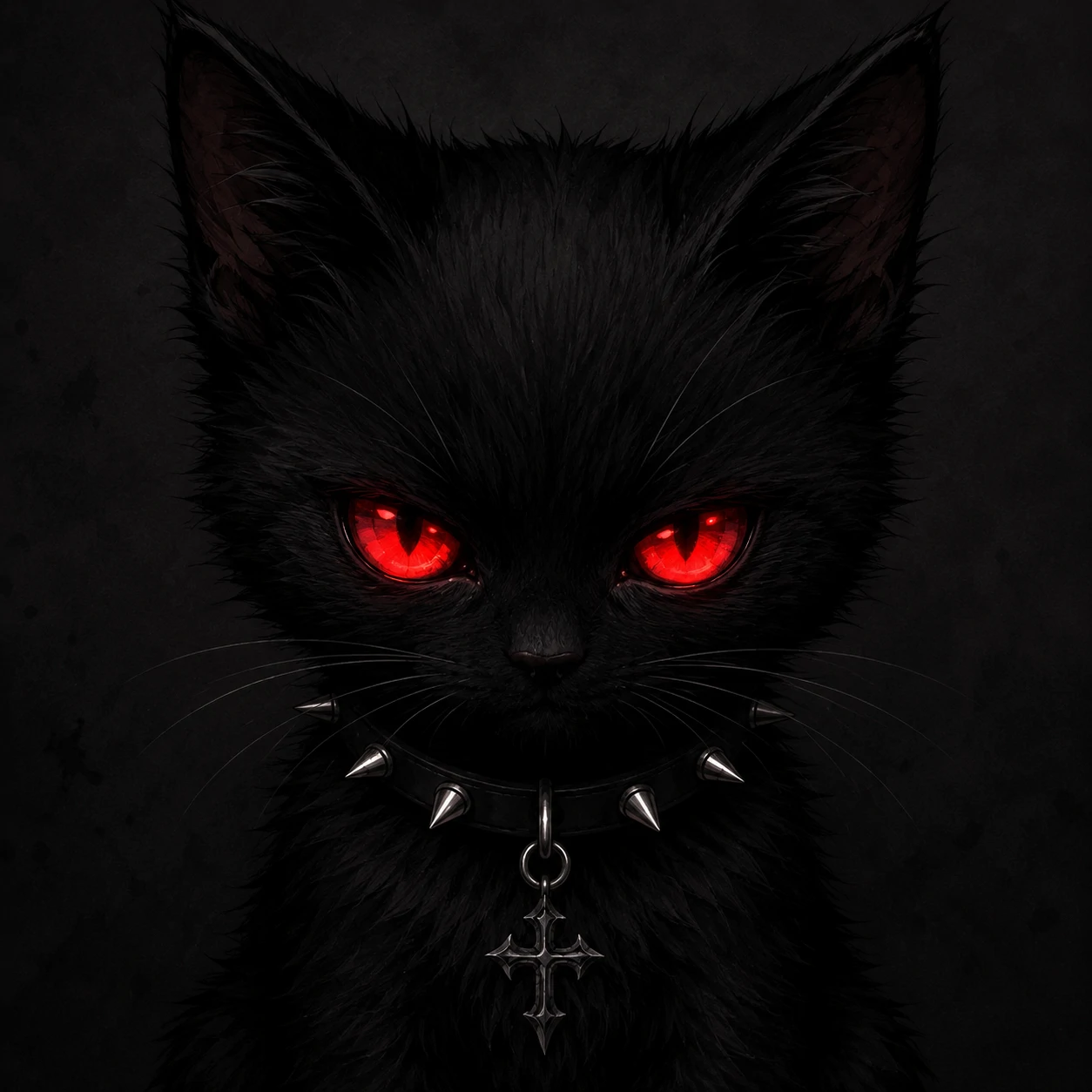 Emo Discord PFP of a small black cat with glowing red eyes and a spiked collar