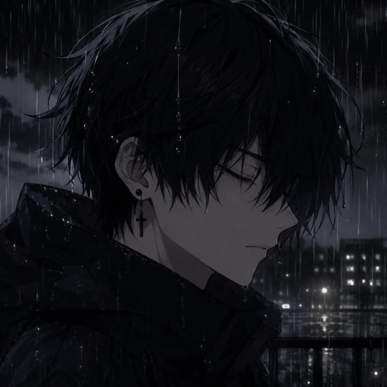 GIF-style emo Discord PFP of an anime character mid-blink with rain falling in the background