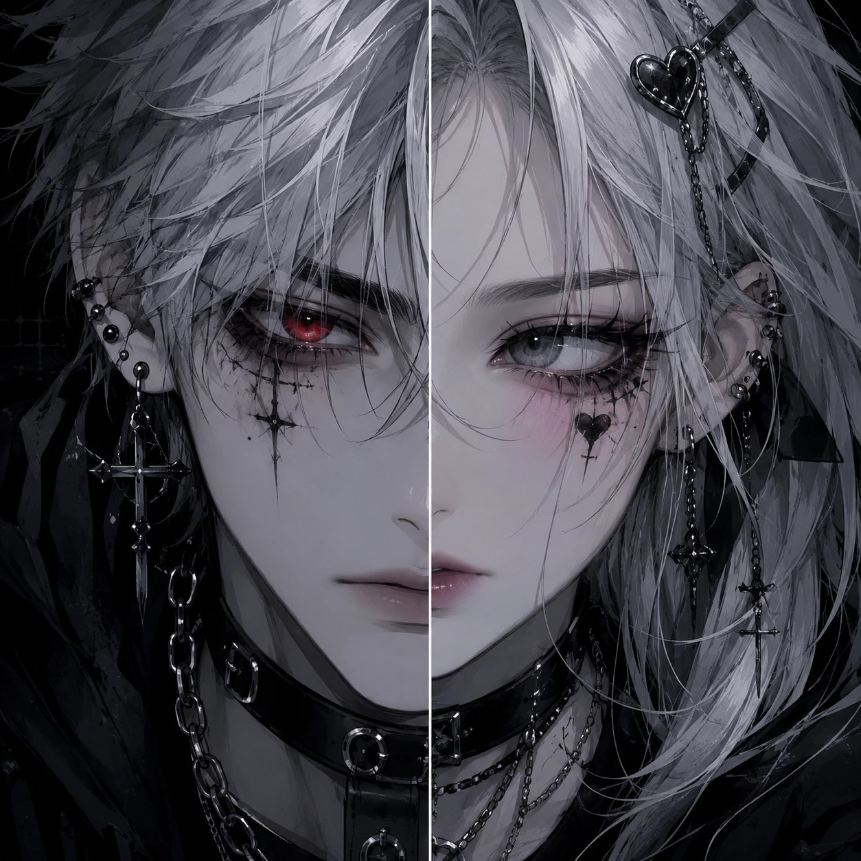 Emo matching PFP for best friends showing two anime characters with split half-faces looking sideways