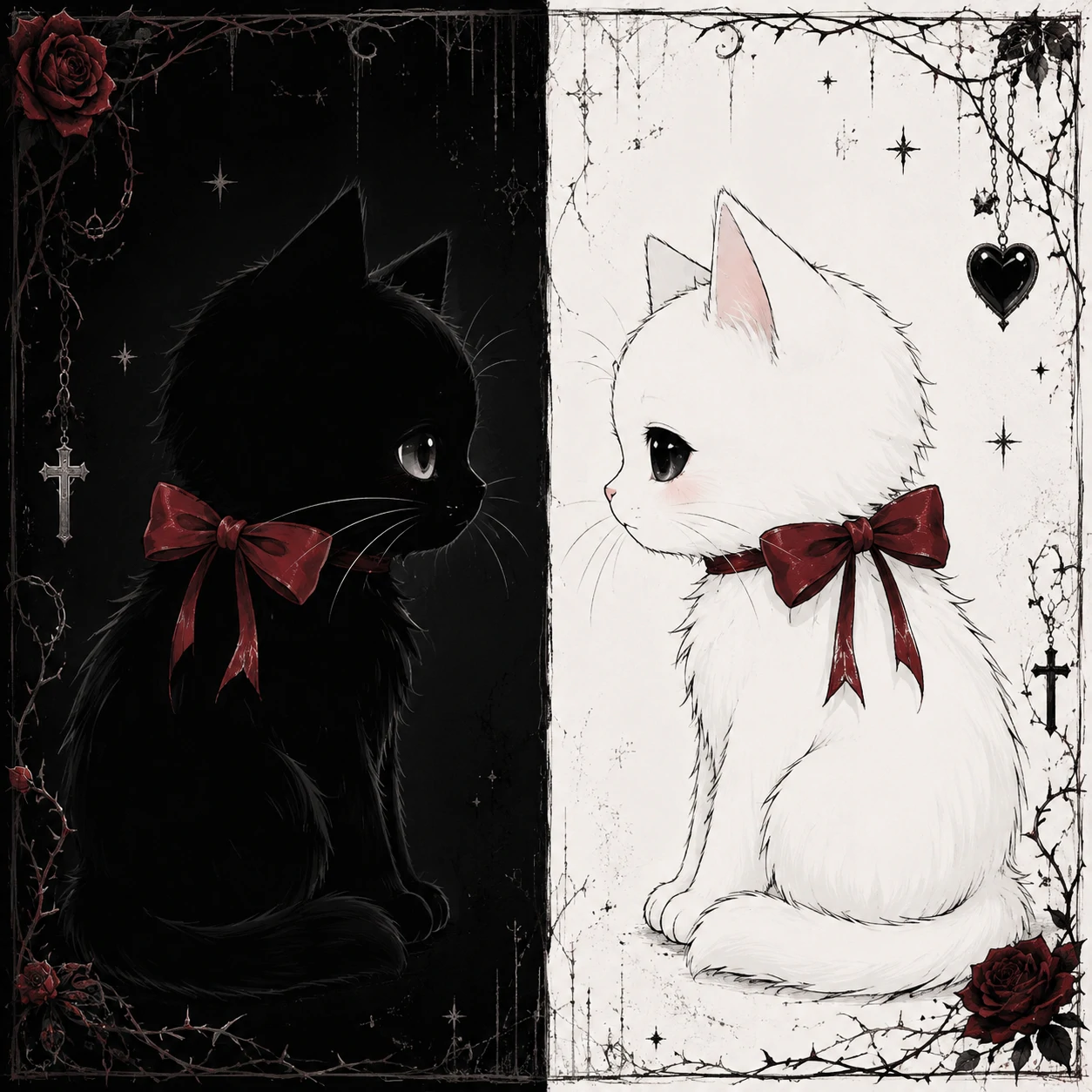 Emo matching PFP of two cats, one all black and one all white, with matching red bows