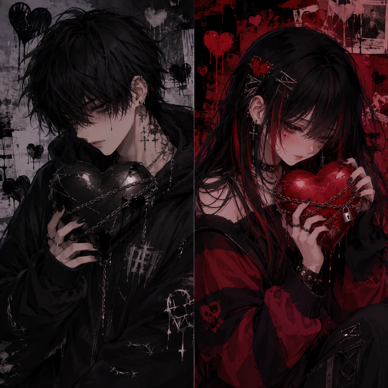 Emo matching PFP of a couple with one holding a black heart and the other a red heart