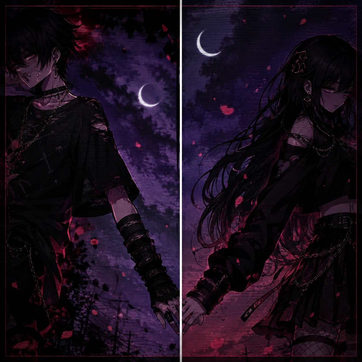 Emo matching PFP couple with two anime characters holding hands split across two frames