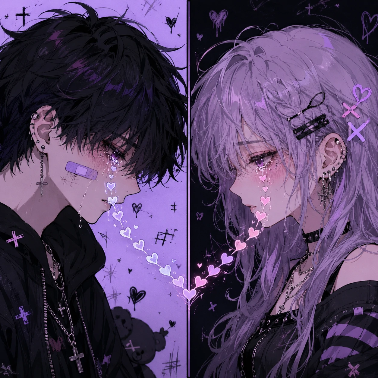 Emo matching PFP showing two anime characters crying with connected heart tears between frames