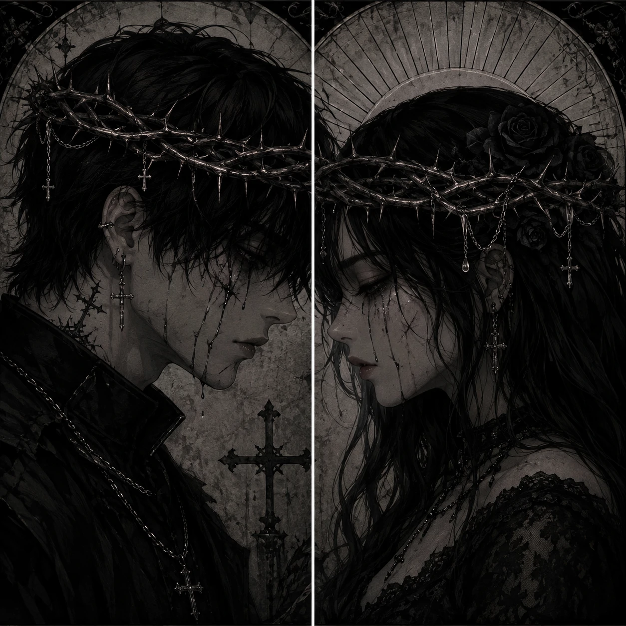 Gothic emo matching PFP of two lovers sharing a crown of thorns split across the pair