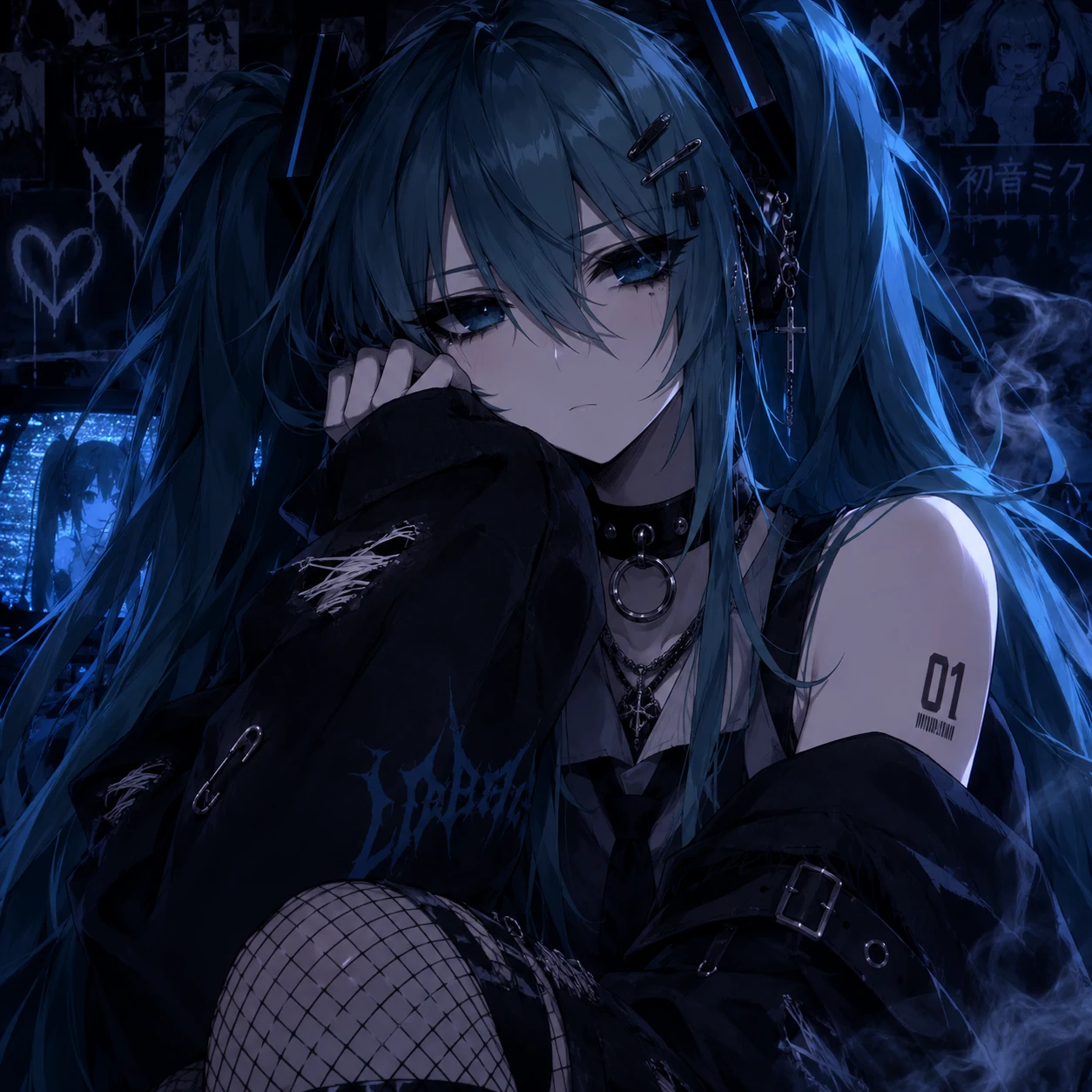 Emo Miku PFP with dark aesthetic styling, black choker and deep blue tones
