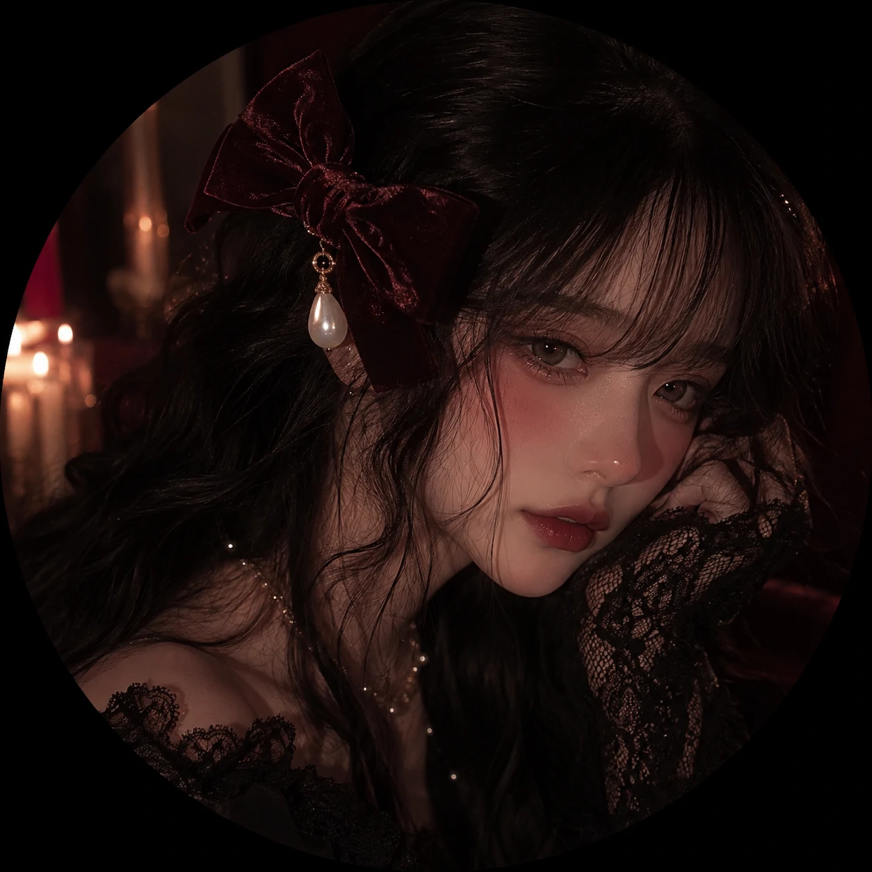 Evening coquette PFP with velvet bow and tear-shaped pearl drop.