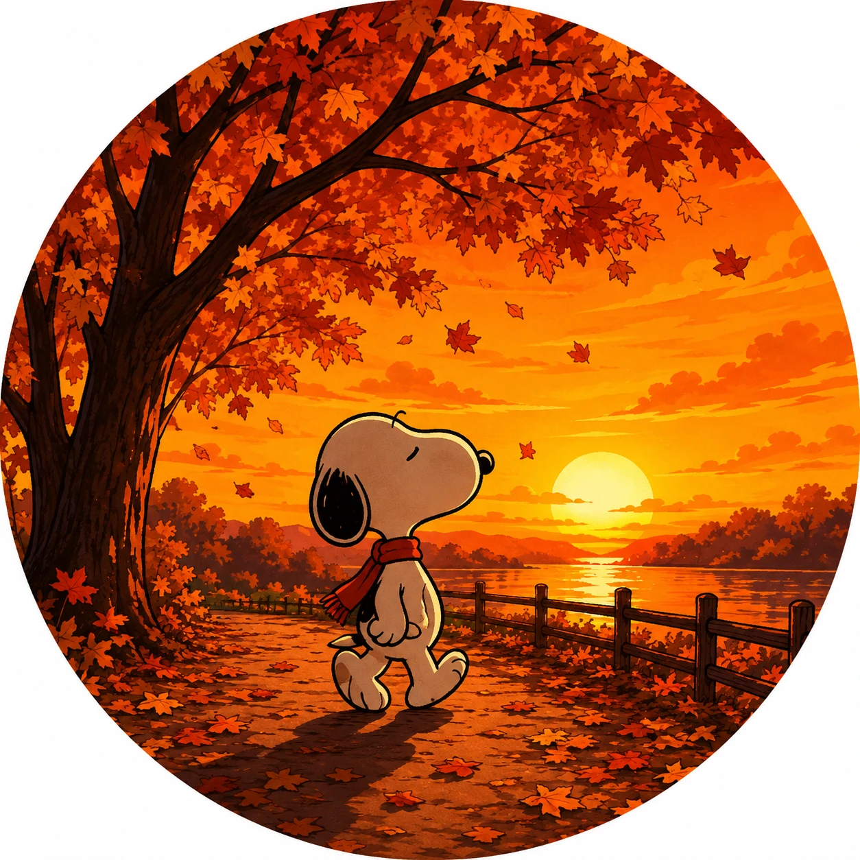Fall Snoopy PFP walking under trees with an orange autumn sunset sky