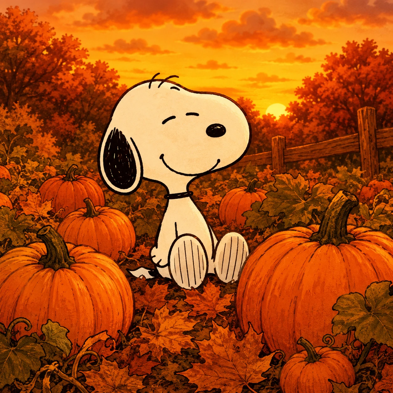 Fall Snoopy PFP sitting happily in an orange pumpkin patch
