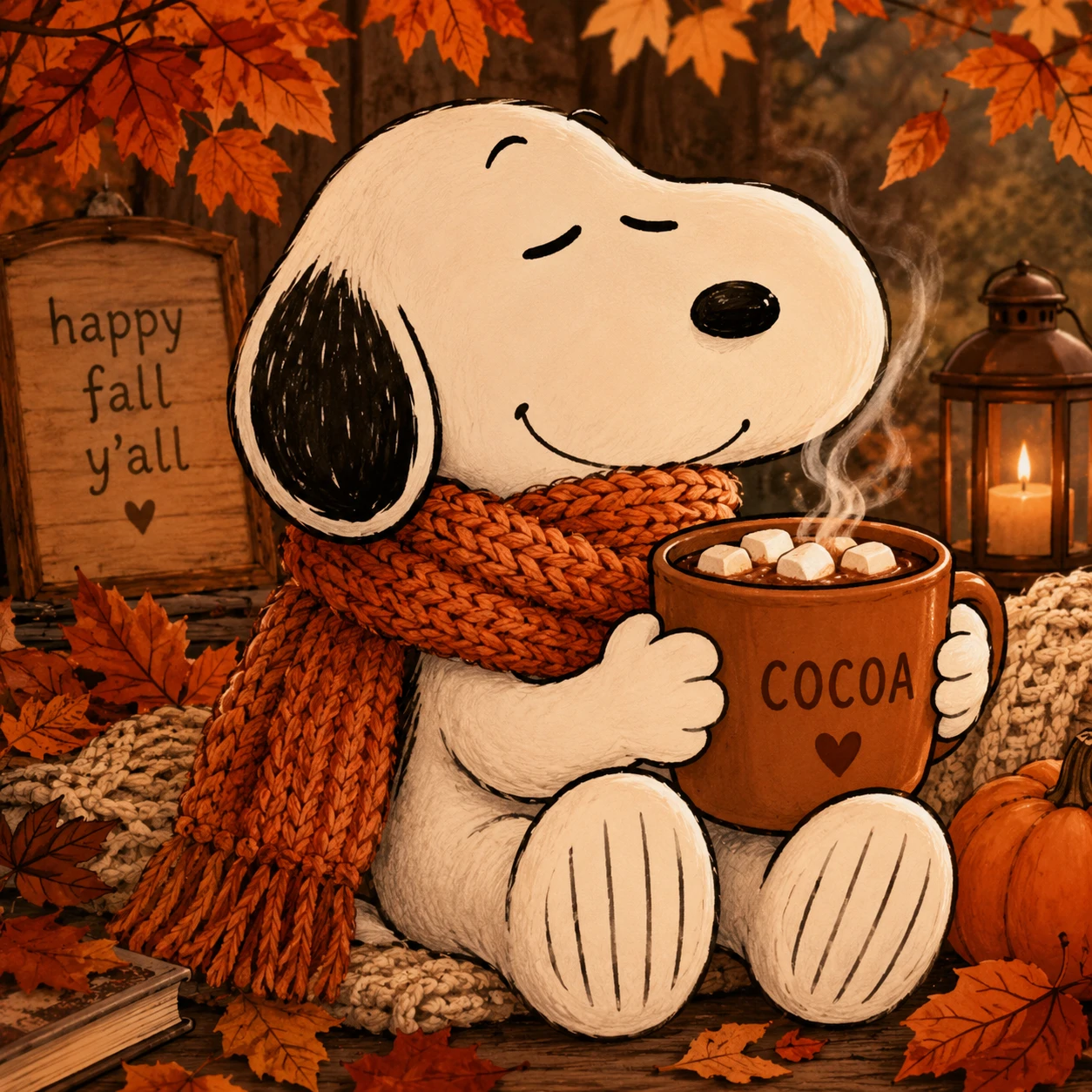 Cozy fall Snoopy PFP wearing a knitted scarf and holding hot cocoa