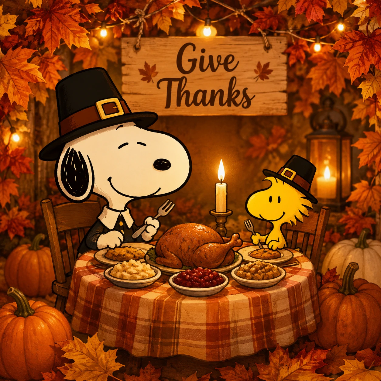 Fall Snoopy profile picture with Woodstock at a tiny Thanksgiving dinner table