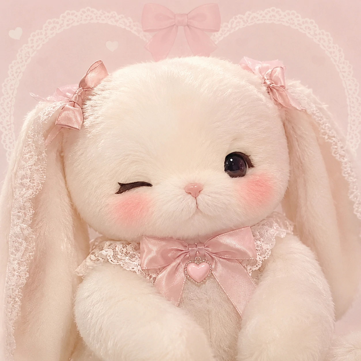 Floppy bunny coquette PFP with blush cheeks and a ribbon collar.