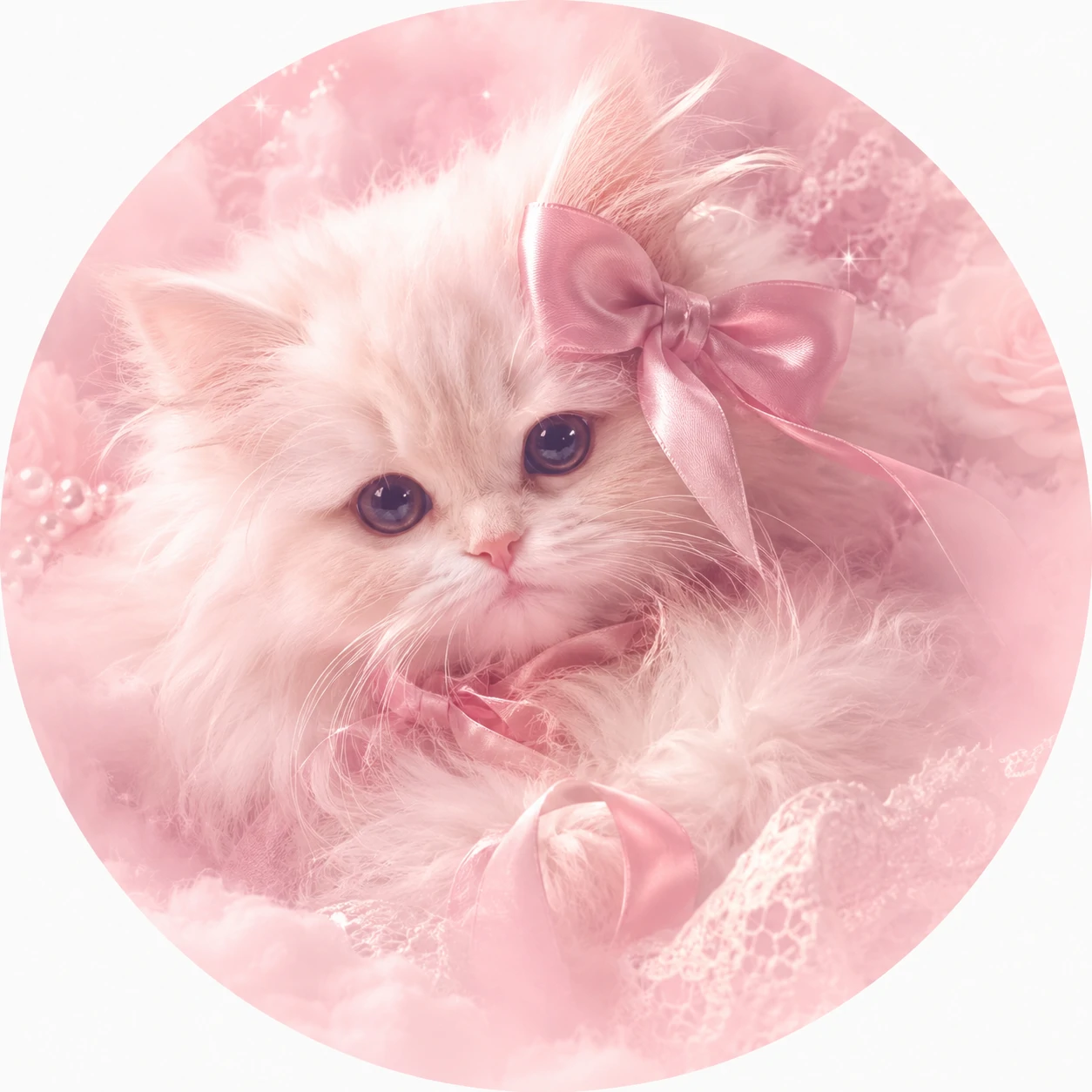 Fluffy cat coquette PFP with a satin ribbon and pastel fog.
