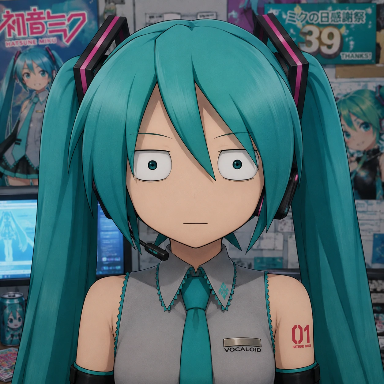 Funny Hatsune Miku PFP with blank thousand-yard meme stare