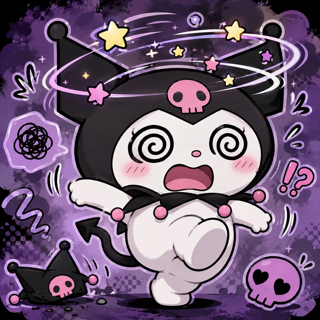 Dizzy funny Kuromi PFP with spiral eyes and stars circling her head.