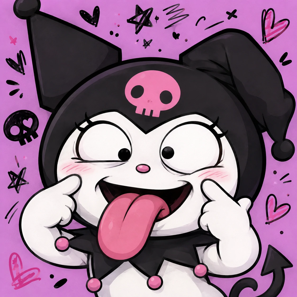 Goofy cartoon Kuromi PFP pulling silly face with tongue out and crossed eyes.
