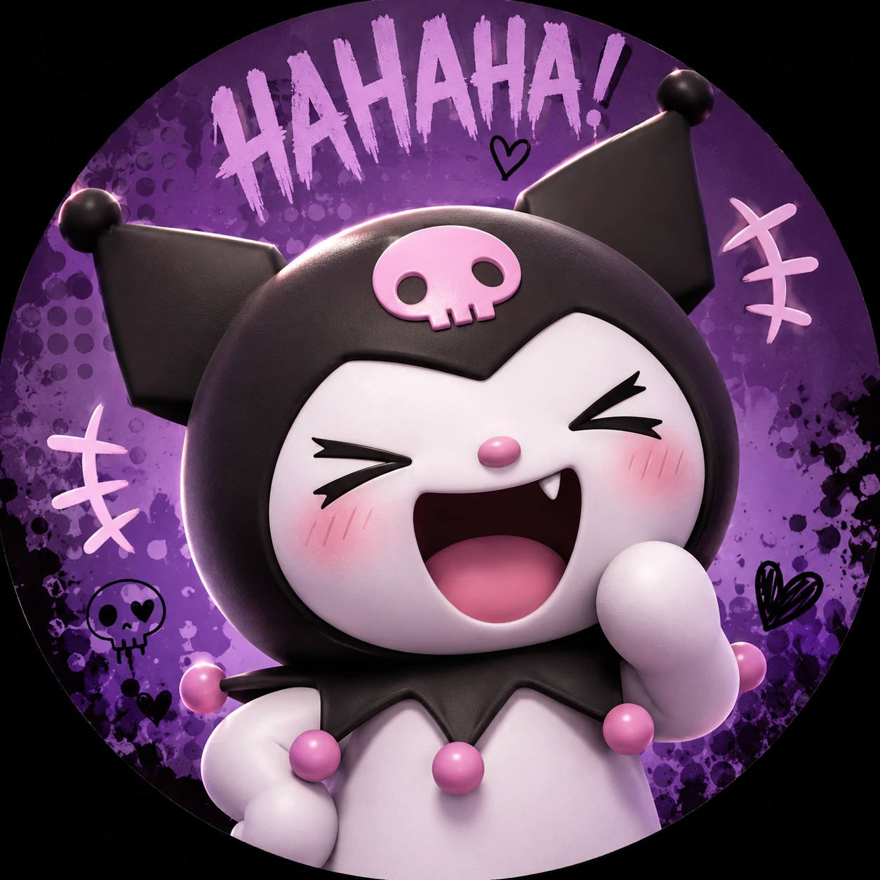 Funny Kuromi PFP mid-laugh with squinted eyes and big open mouth grin.