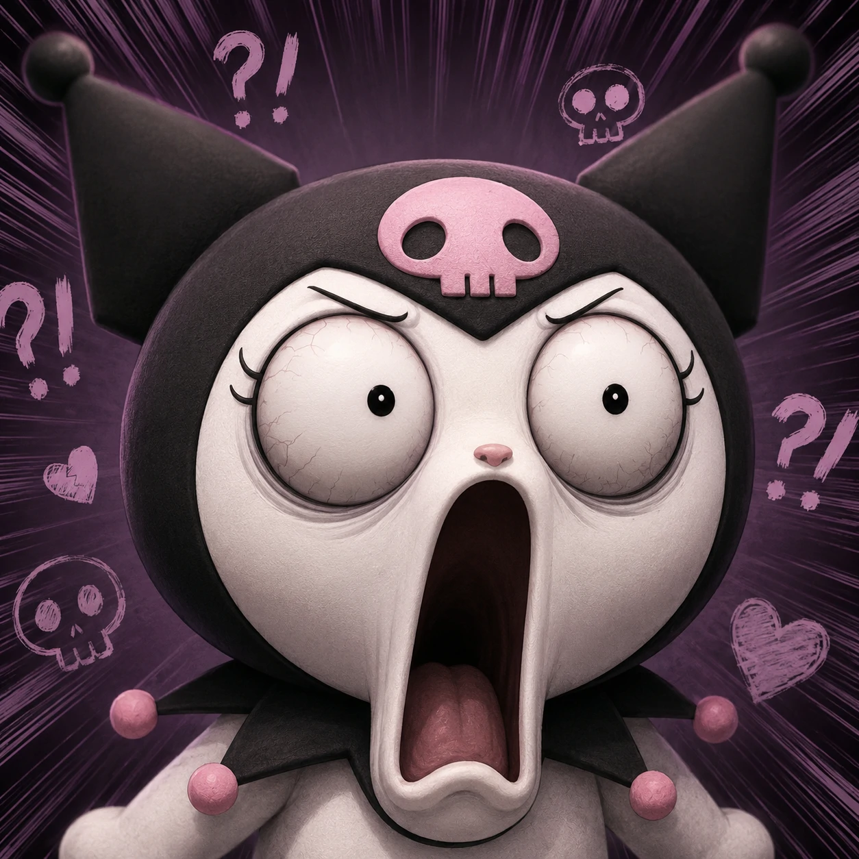 Funny Kuromi PFP with distorted shocked meme face and jaw-drop expression.