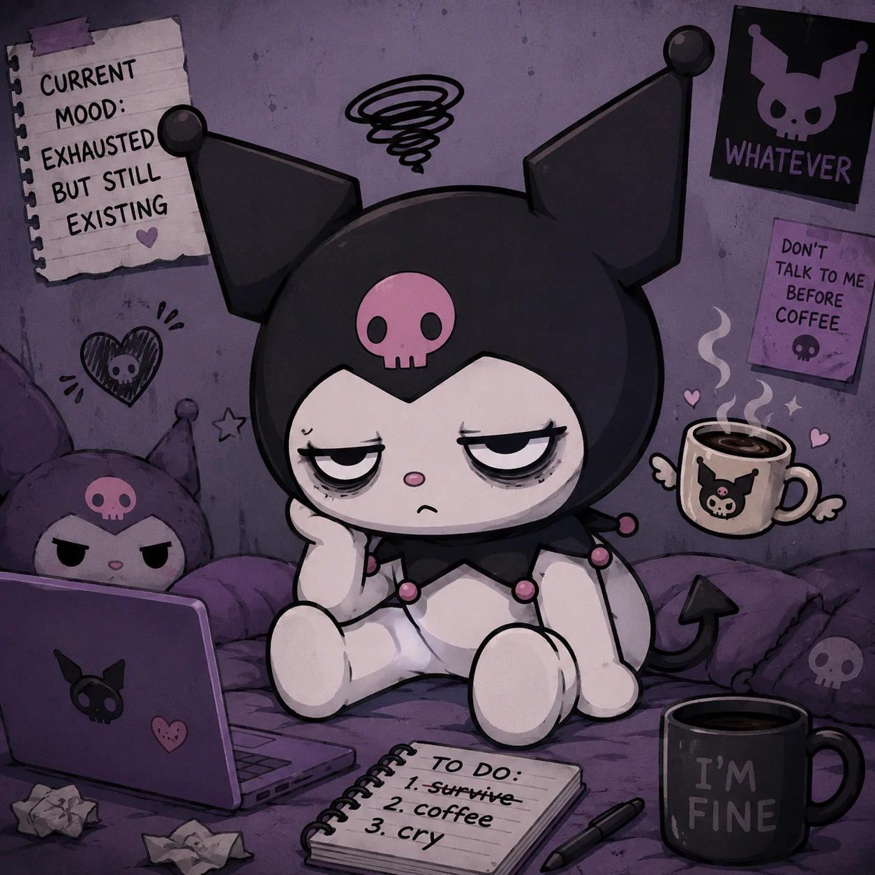 Relatable funny Kuromi PFP with tired eyes and slouched posture.