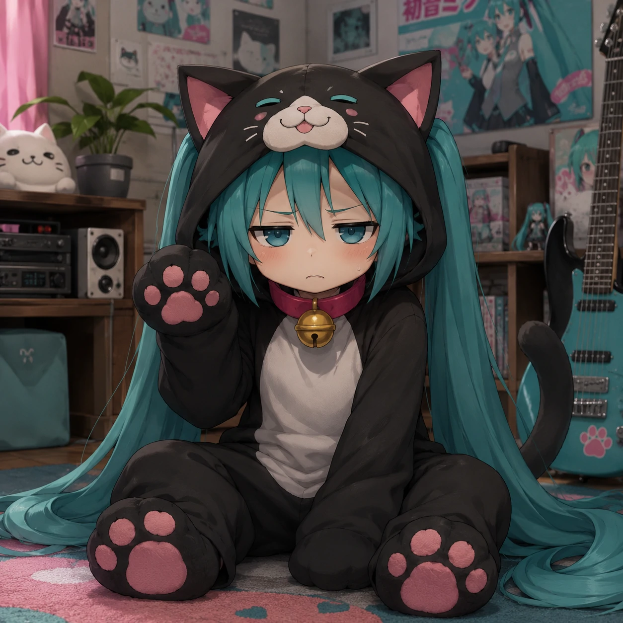 Funny Miku PFP in a cat costume with grumpy expression and paw gloves
