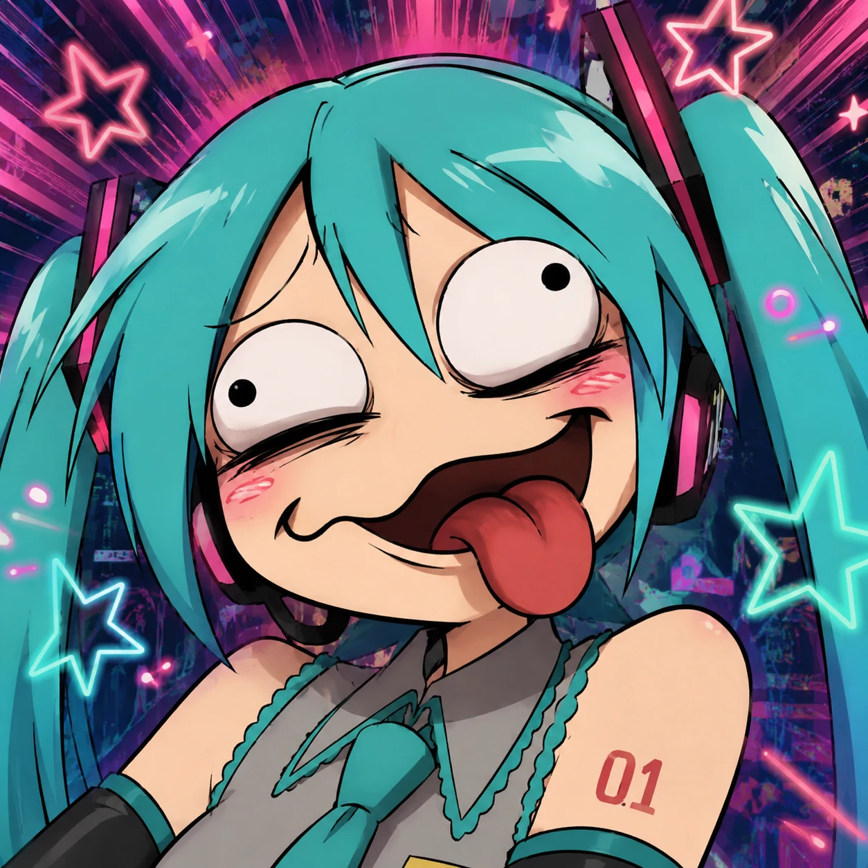 Funny Miku PFP with exaggerated derp face and crossed googly eyes