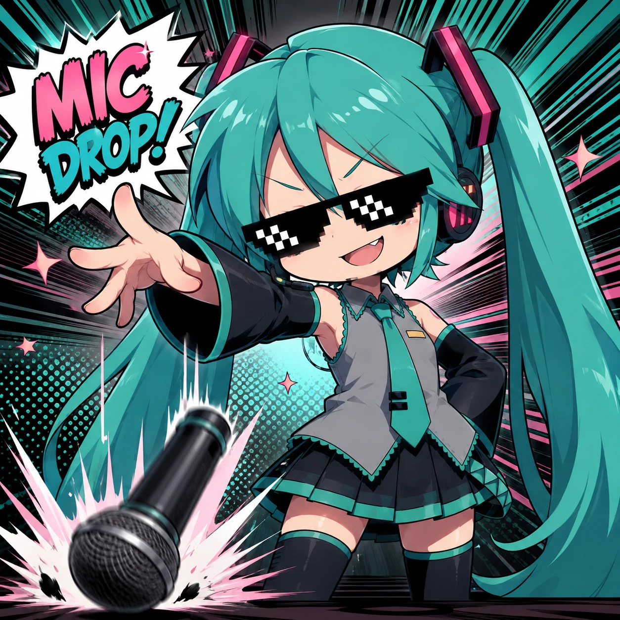 Funny Miku PFP dropping a microphone with sunglasses and smug grin